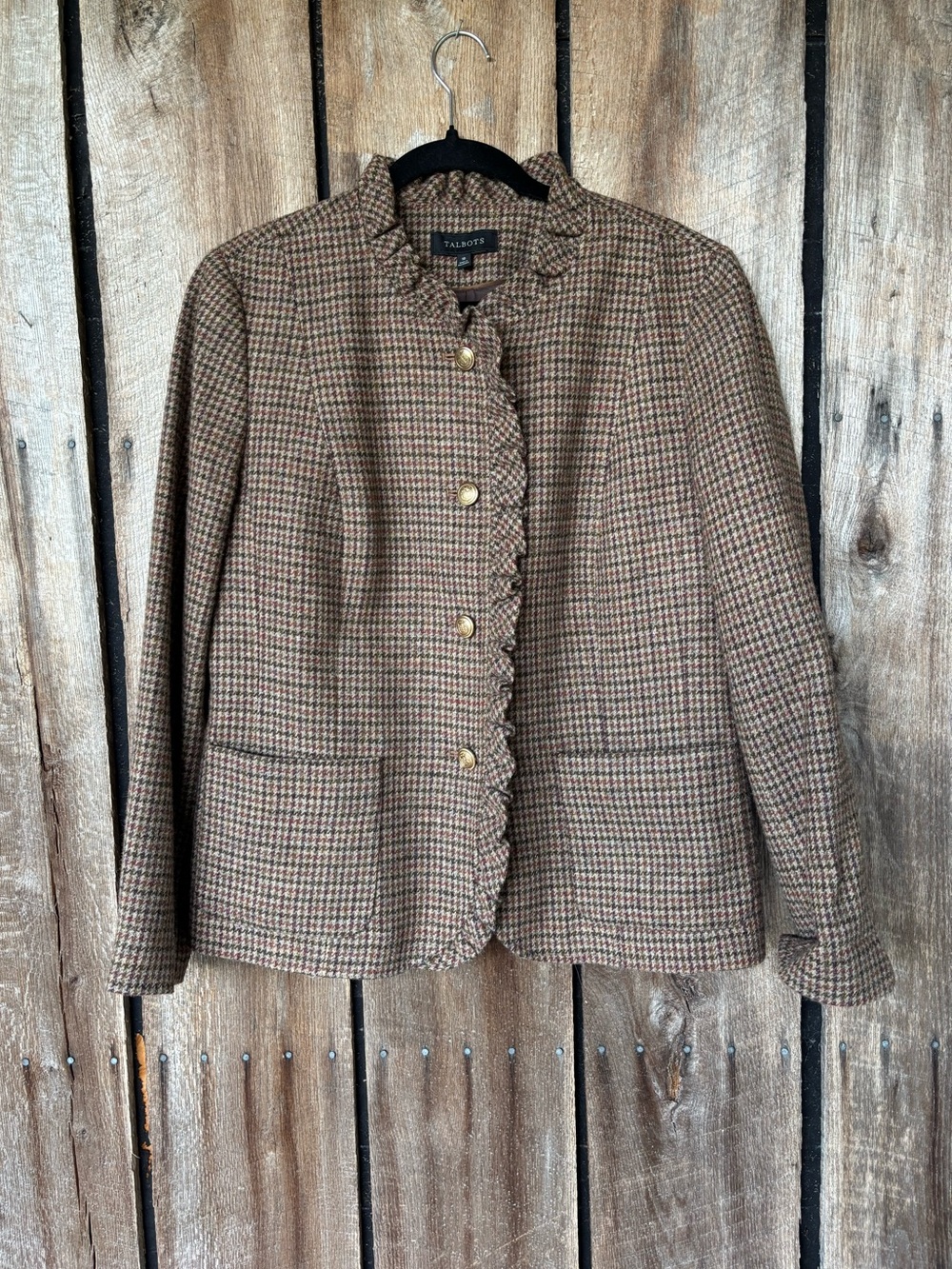 Talbots Women’s 16 Wool Blend Houndstooth Blazer Jacket Ruffle Gold Buttons